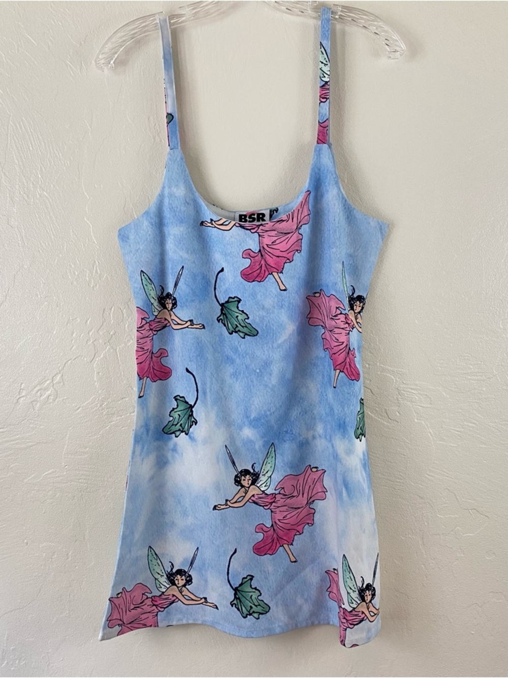 BSR by Samii Ryan Large Blue Fairy Printed Scoop Neck Spaghetti Strap Mini Dress